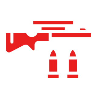 Red rifle and bullets on black background.