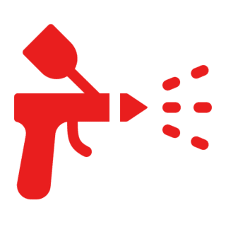 Red spray paint gun on black background.