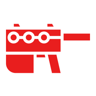 Red abstract gun icon on black background.