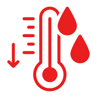 Thermometer with raindrops and downward arrow.