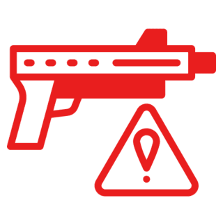 Red gun icon with warning symbol.