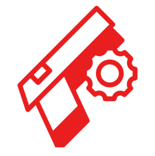 Red gun and gear icon on black background.