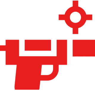 Red abstract gun icon on black background.