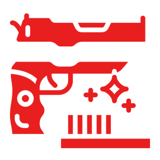 Red gun and ammunition graphic icon.